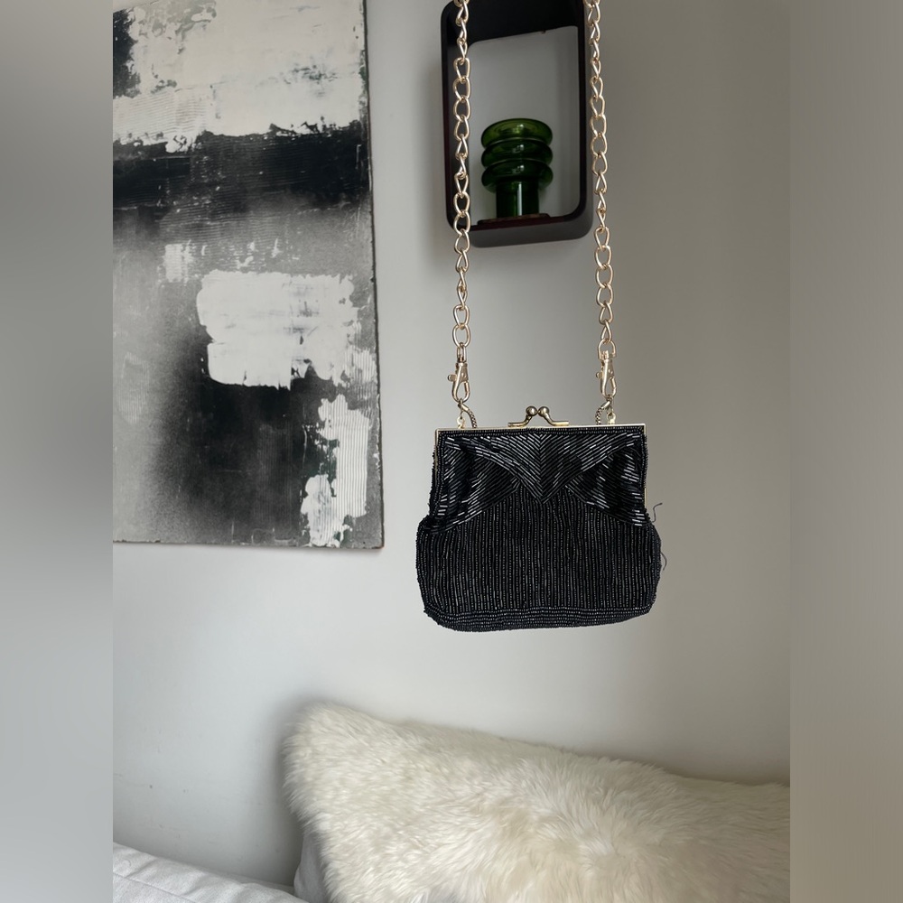 Vintage Black Hand Beaded Embroidered Evening Bag Crossbody Beaded Gold Hardware